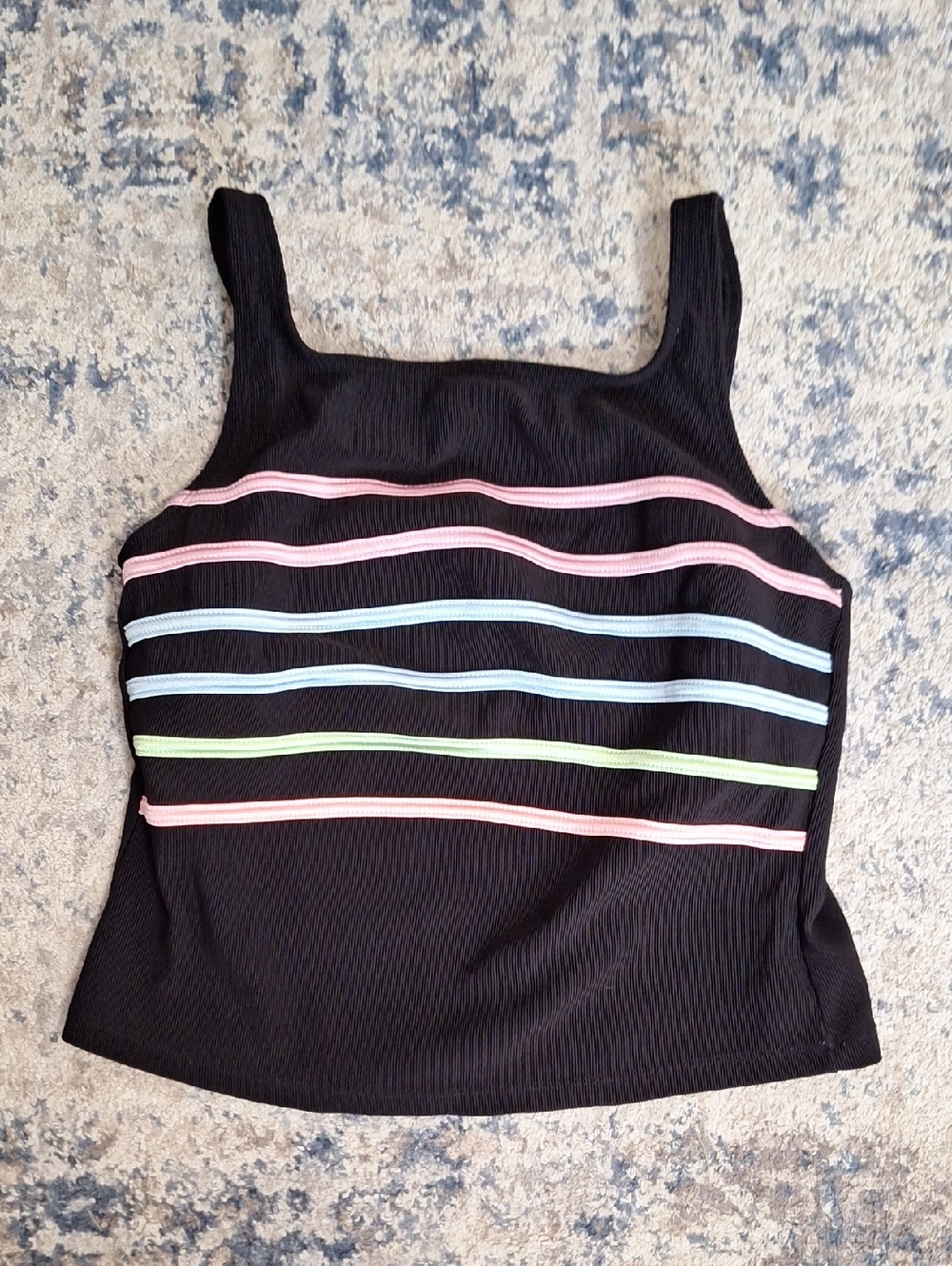 Longitude Women's Vintage Y2K Ribbed Striped Tankini Swim Top Crop Tank Black
